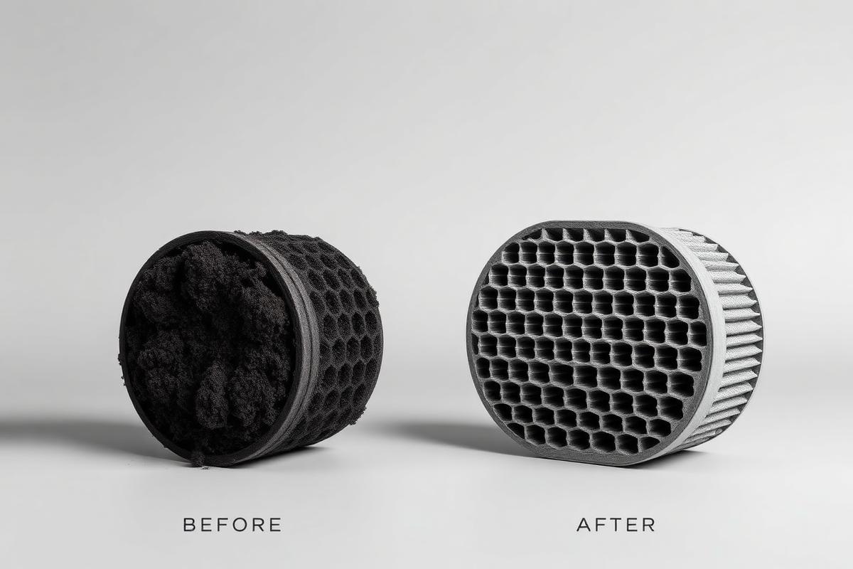 Comparativa de un filtro antipartículas antes y después de la limpieza